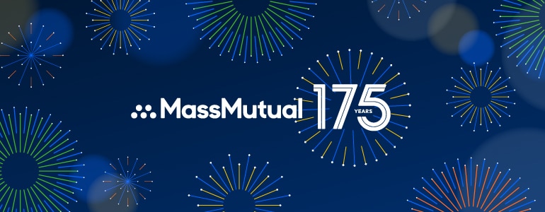 Blue banner with fireworks and white text that says, "MassMutual 175 years"