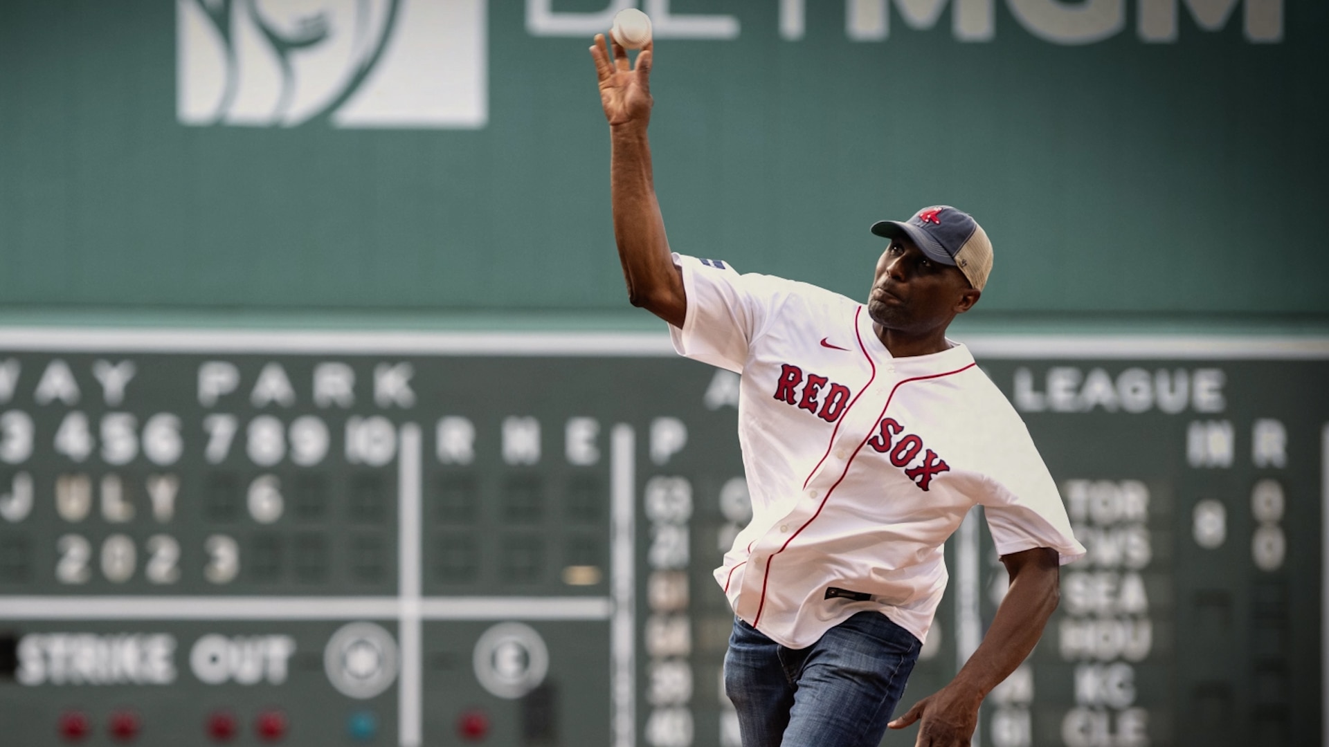 Dominic Blue pitching a baseball at Fenway Stadium