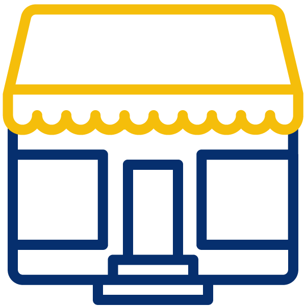 Illustration: Storefront outlined in blue with a yellow awning