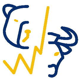 Illustration: A blue outline of a bear and a bull with a jagged yellow line between them